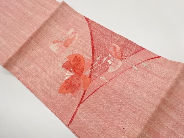 手織り真綿紬曲線に花模様織出し名古屋帯